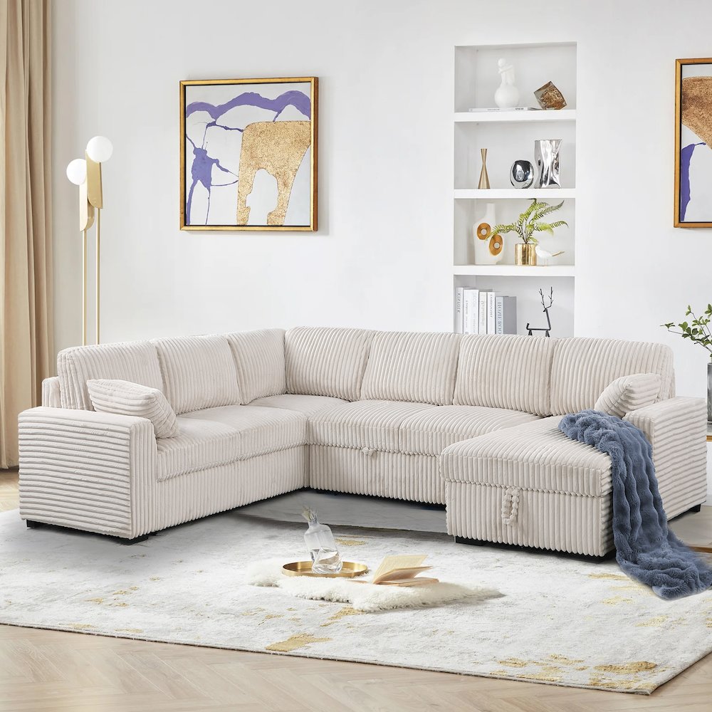 Oversized Upholstered Corduroy Sleeper Sectional Sofa With Storage Chaise. Picture 3