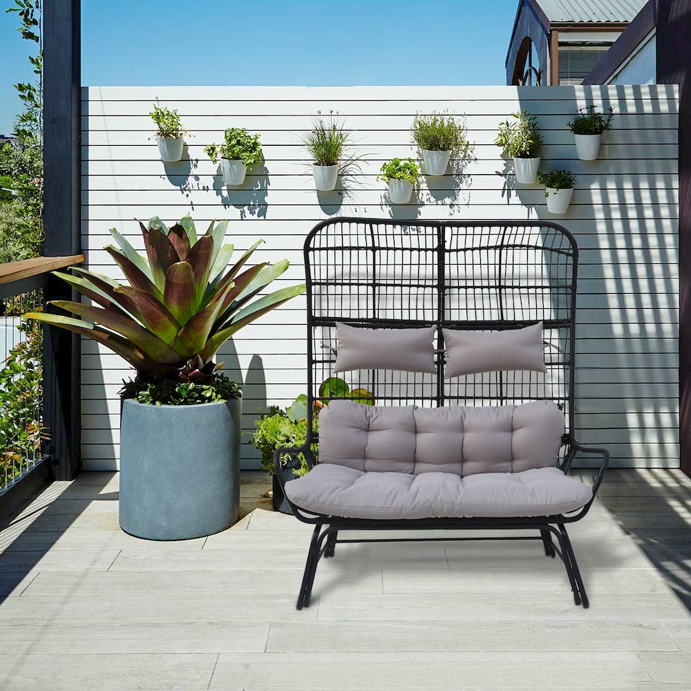Outdoor Wicker Loveseat with Cushions & Ottoman - Patio Conversation Set for 2. Picture 4