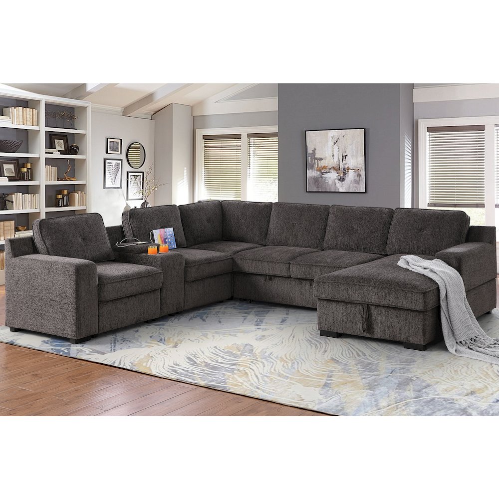 U-Shaped Upholstered Sectional with Sleeper Sofa, Console with USB & Chaise. Picture 2