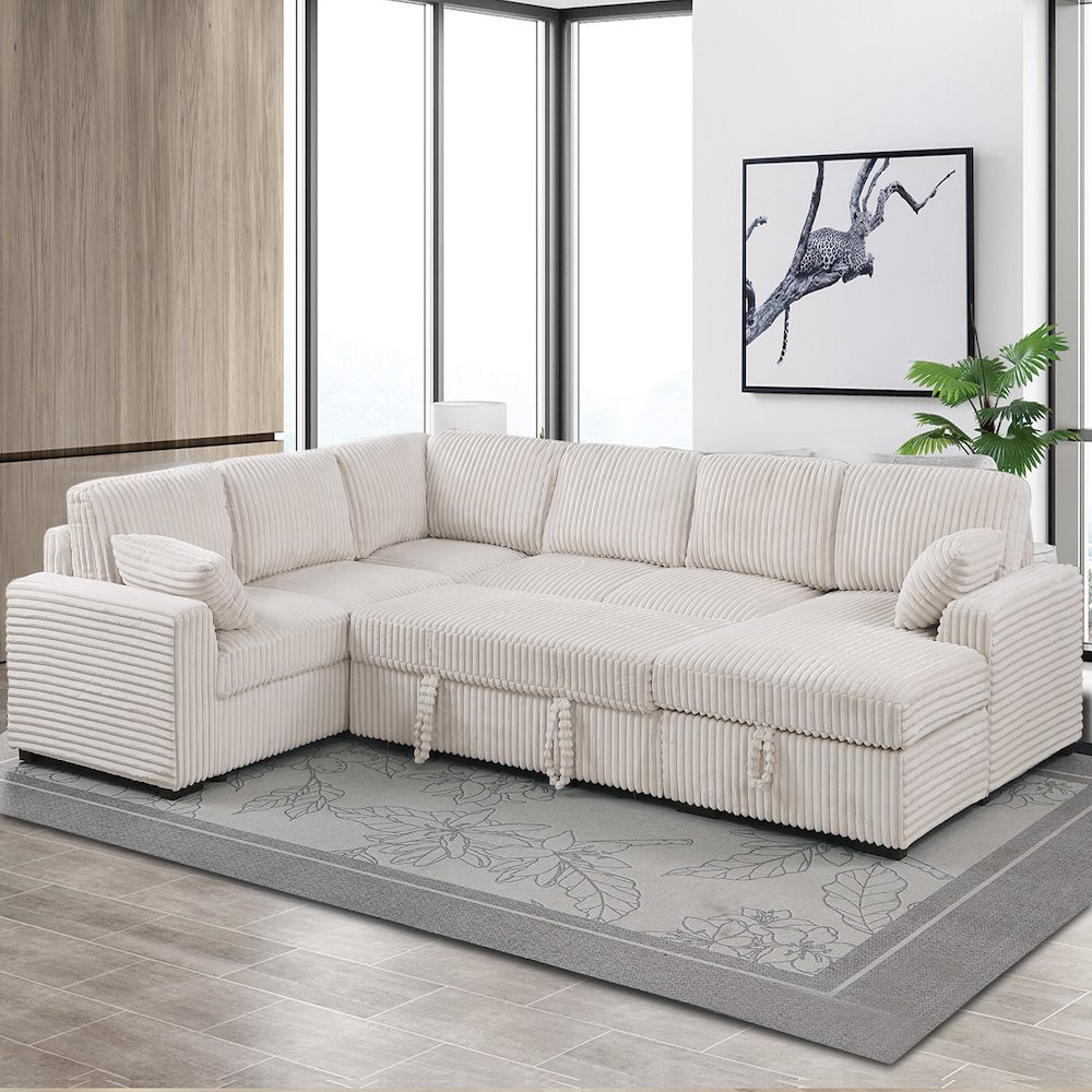 Oversized Upholstered Corduroy Sleeper Sectional Sofa With Storage Chaise. Picture 5