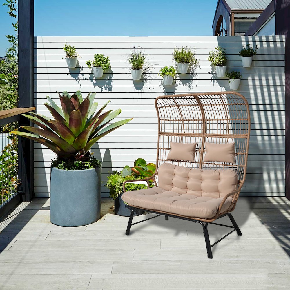 Outdoor Wicker Loveseat with Cushions & Ottoman - Patio Conversation Set for 2. Picture 3
