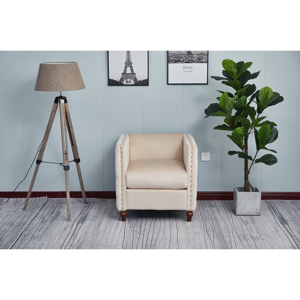 Kingway Furniture Avin Velvet Nail Head Livingroom Chair in Beige. Picture 1