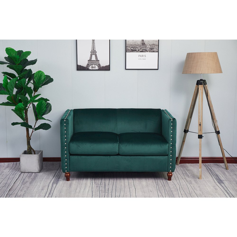 Kingway Furniture Avin Velvet Nail Head Livingroom Loveseat in Green. Picture 2