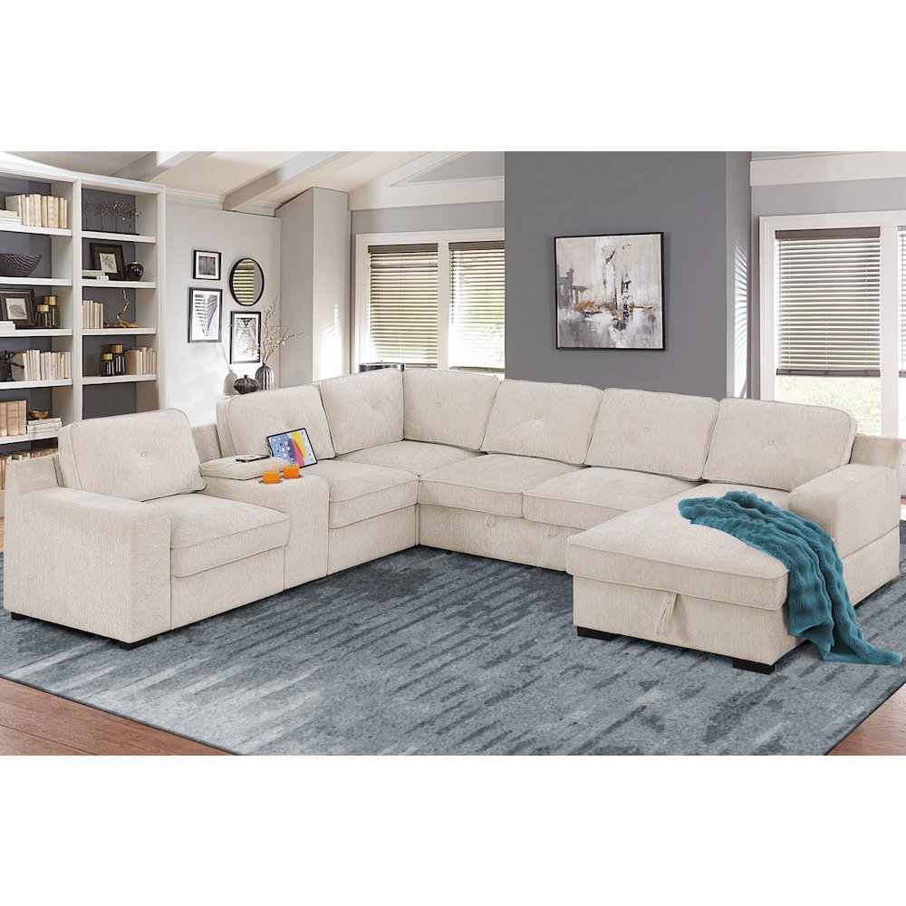 U-Shaped Upholstered Sectional with Sleeper Sofa, Console with USB & Chaise. Picture 2