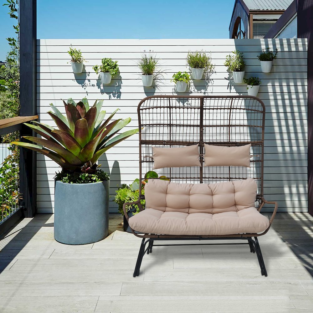 Outdoor Wicker Loveseat with Cushions & Ottoman - Patio Conversation Set for 2. Picture 4