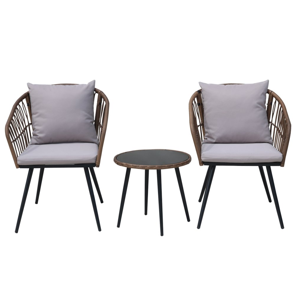3-Piece Outdoor Patio Bistro Set – Boho Wicker Chairs with Glass-Top Table. Picture 1