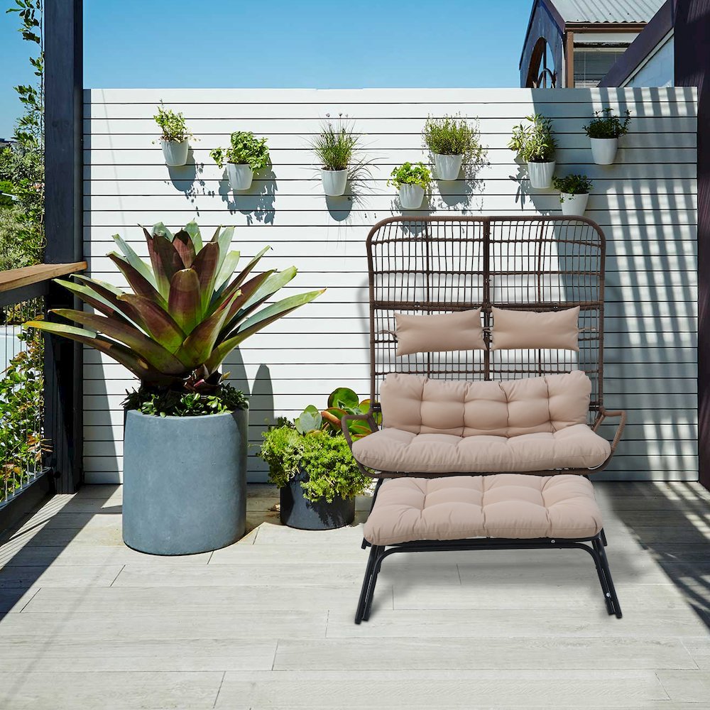 Outdoor Wicker Loveseat with Cushions & Ottoman - Patio Conversation Set for 2. Picture 2
