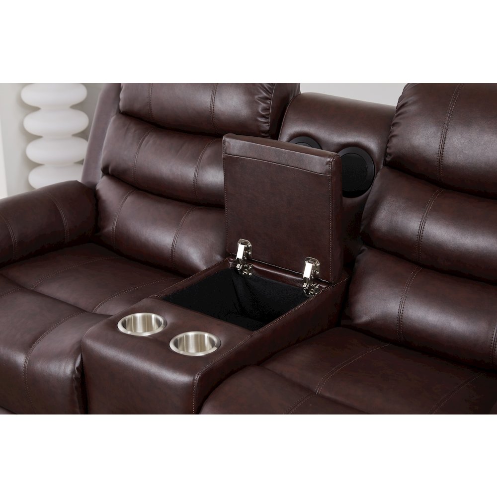 Faux Leather Manual Reclining Loveseat with LED Lights and console. Picture 4