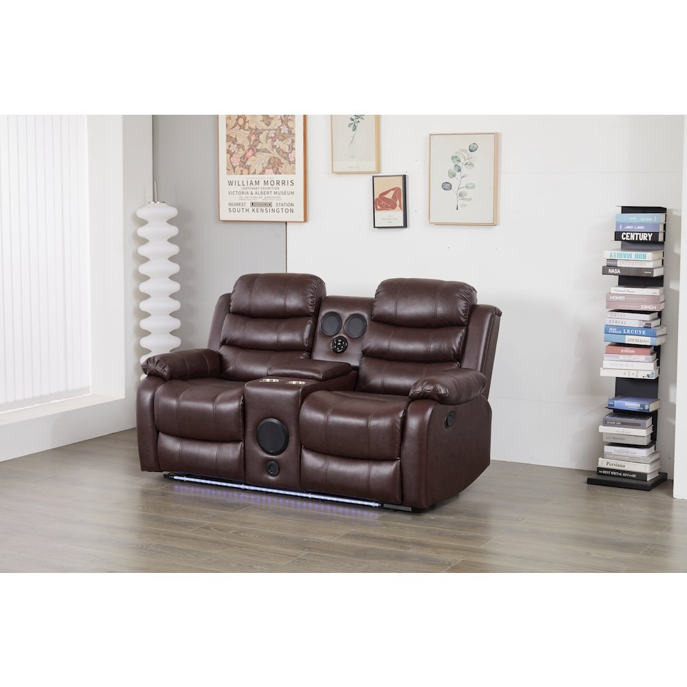 Faux Leather Manual Reclining Loveseat with LED Lights and console. Picture 1