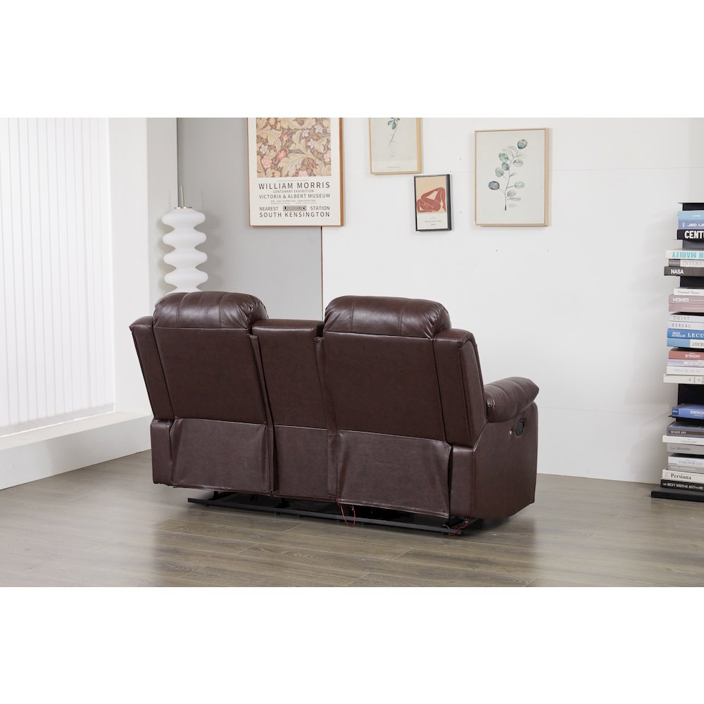 Faux Leather Manual Reclining Loveseat with LED Lights and console. Picture 5