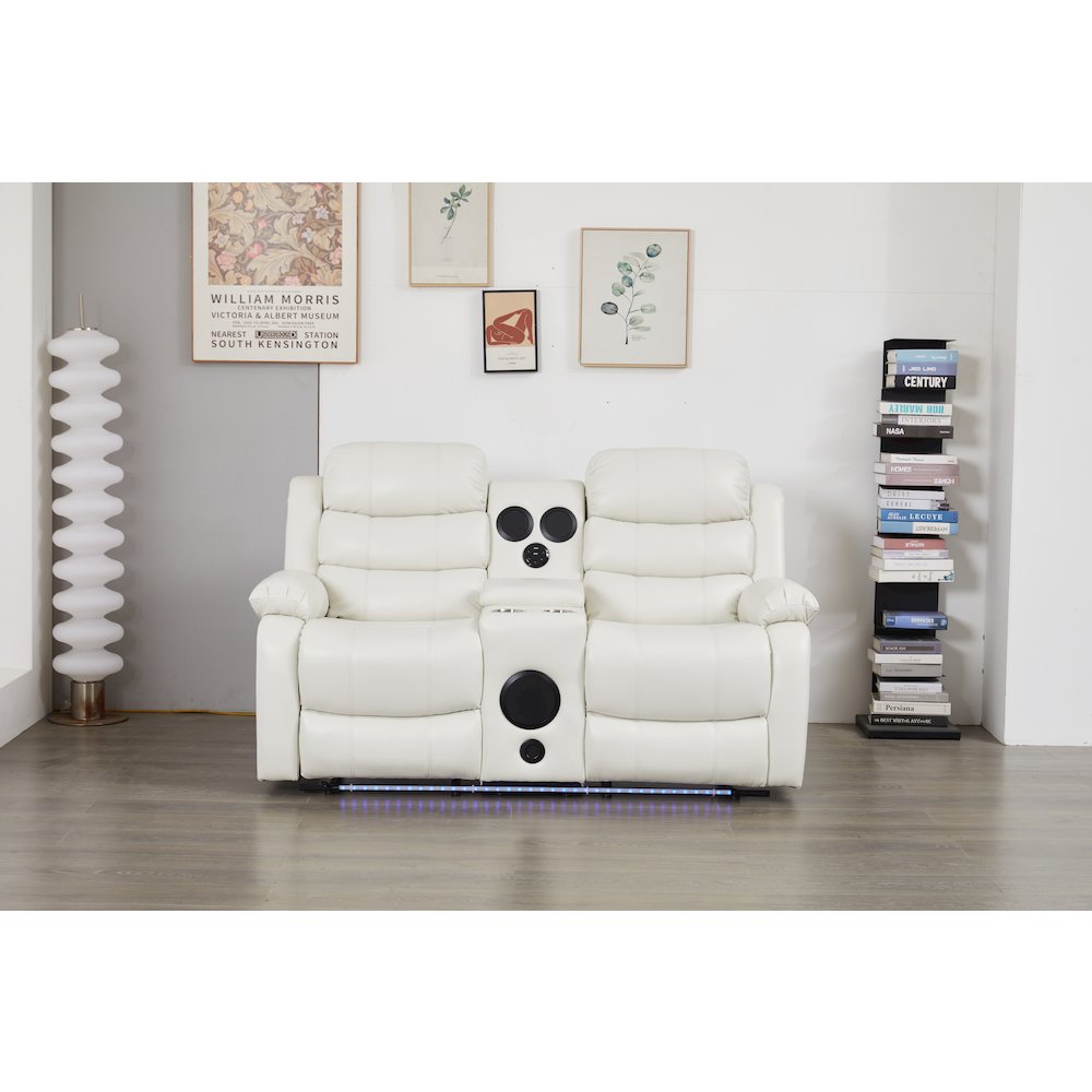 Faux Leather Manual Reclining Loveseat with LED Lights and console. Picture 1