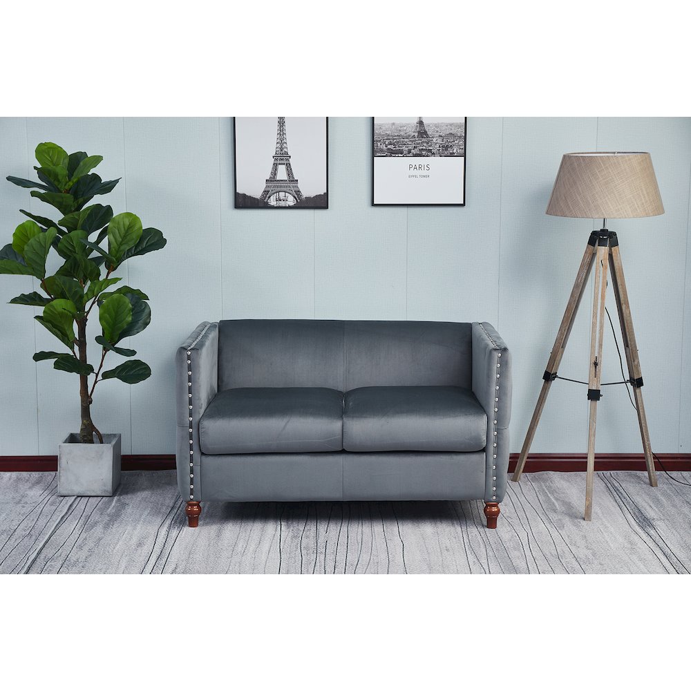 Kingway Furniture Avin Velvet Nail Head Livingroom Loveseat in Gray. Picture 1