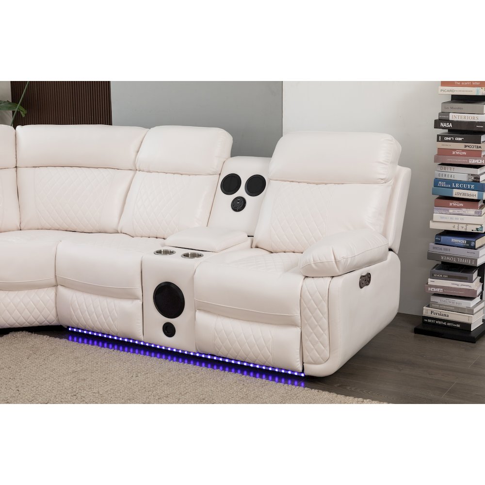 Hathrone Faux Leather Power Reclining Sectional LED USB and SubWoofer In White. Picture 4
