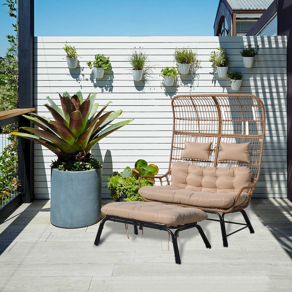 Outdoor Wicker Loveseat with Cushions & Ottoman - Patio Conversation Set for 2. Picture 2