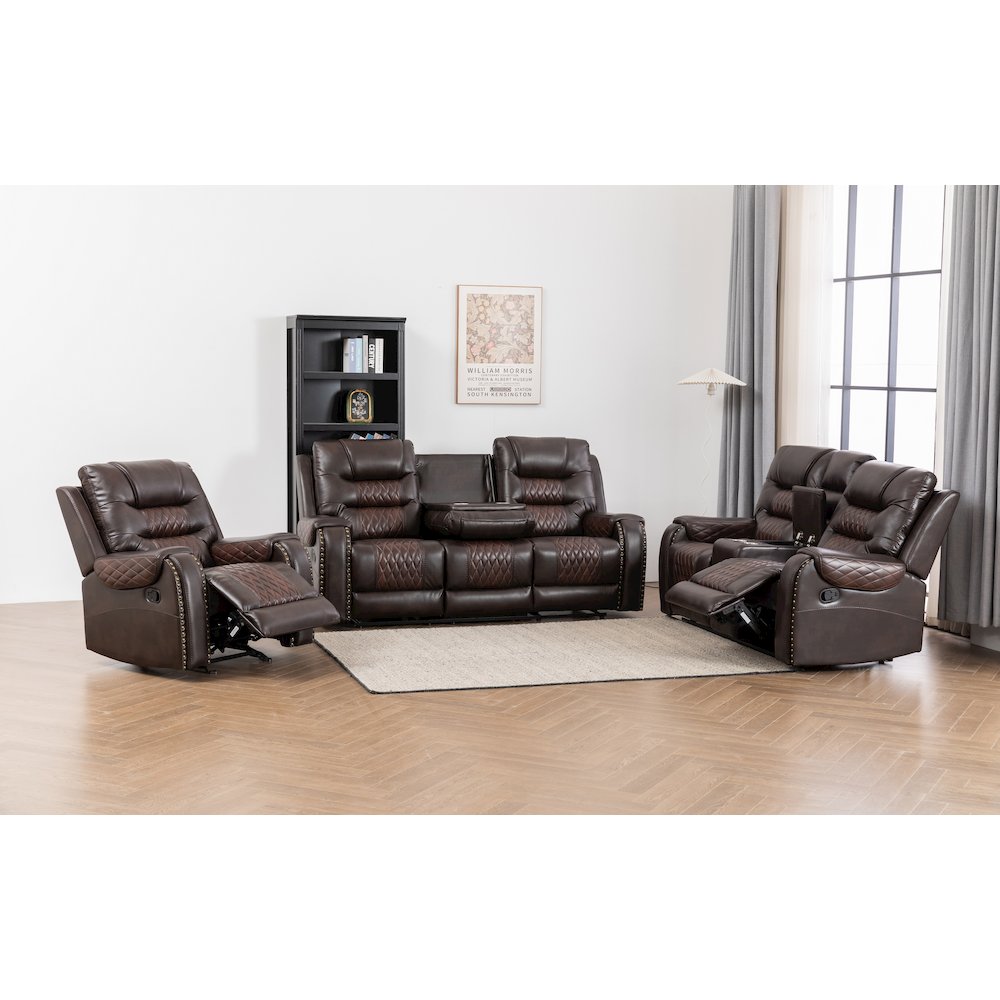 Ilyiano Two Tone Faux Leather 3-PC Livingroom Reclining Set In Brown. Picture 2