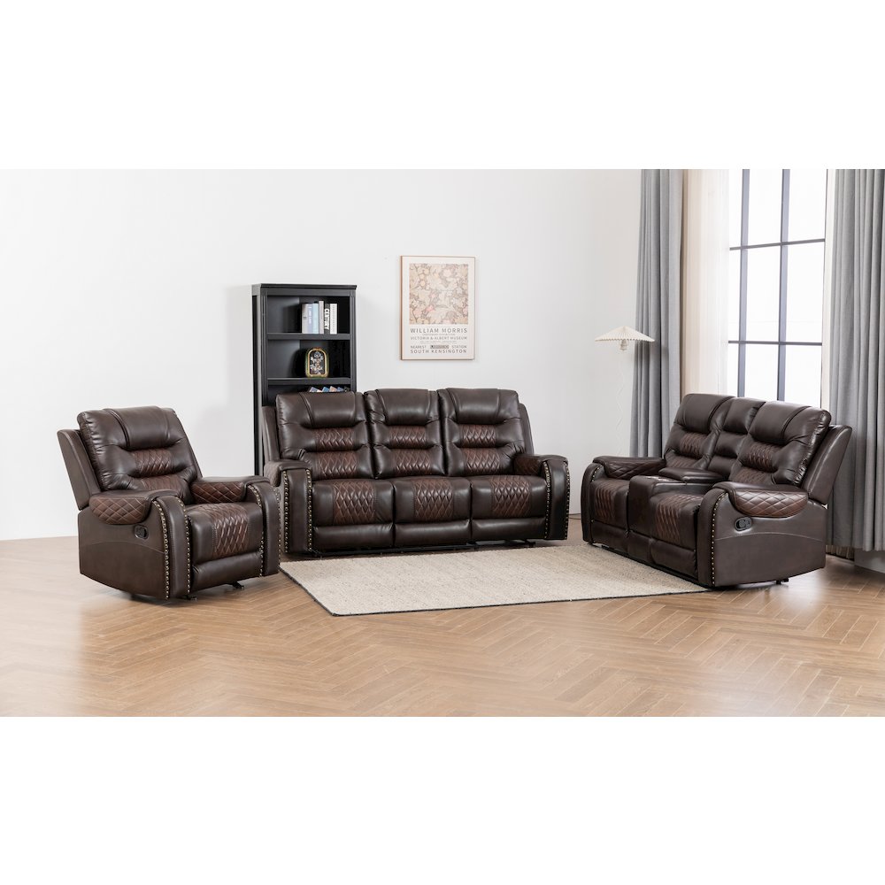 Ilyiano Two Tone Faux Leather 3-PC Livingroom Reclining Set In Brown. Picture 1