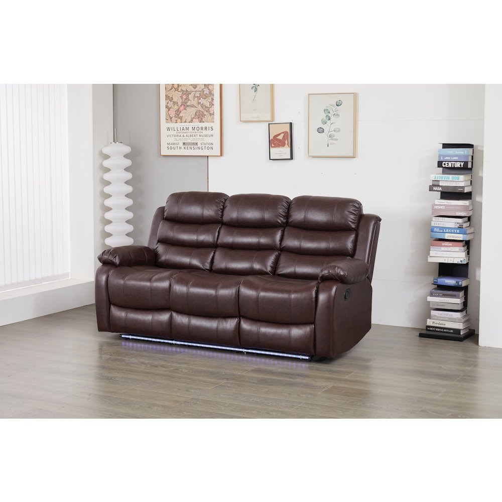 Faux Leather Manual Reclining Sofa with LED Lights With Drop Down Table. Picture 2