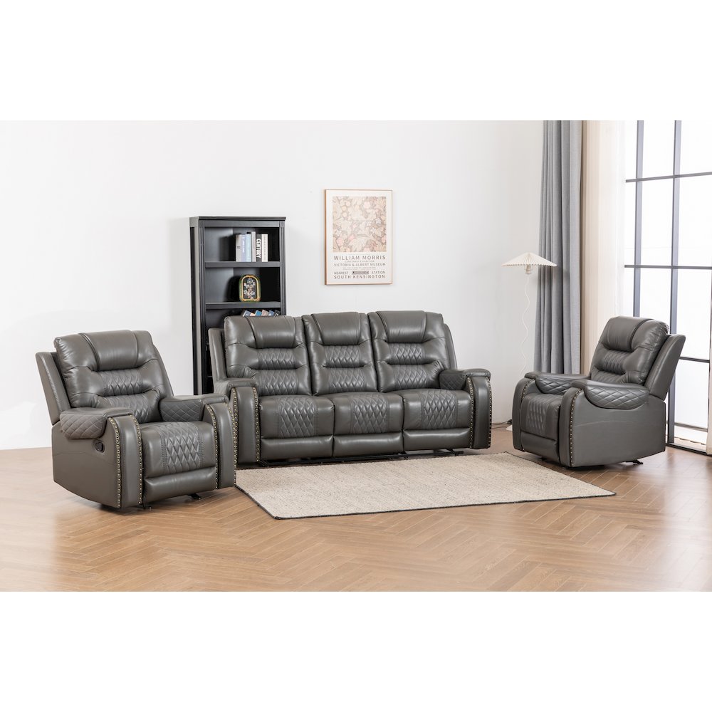 Ilyiano Two Tone Faux Leather Three-PC Livingroom Reclining Set In Gray. Picture 1