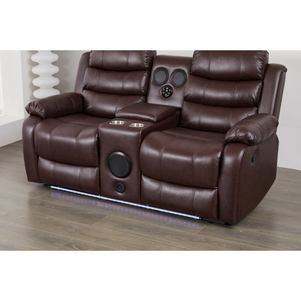 Faux Leather Manual Reclining Loveseat with LED Lights and console. Picture 2