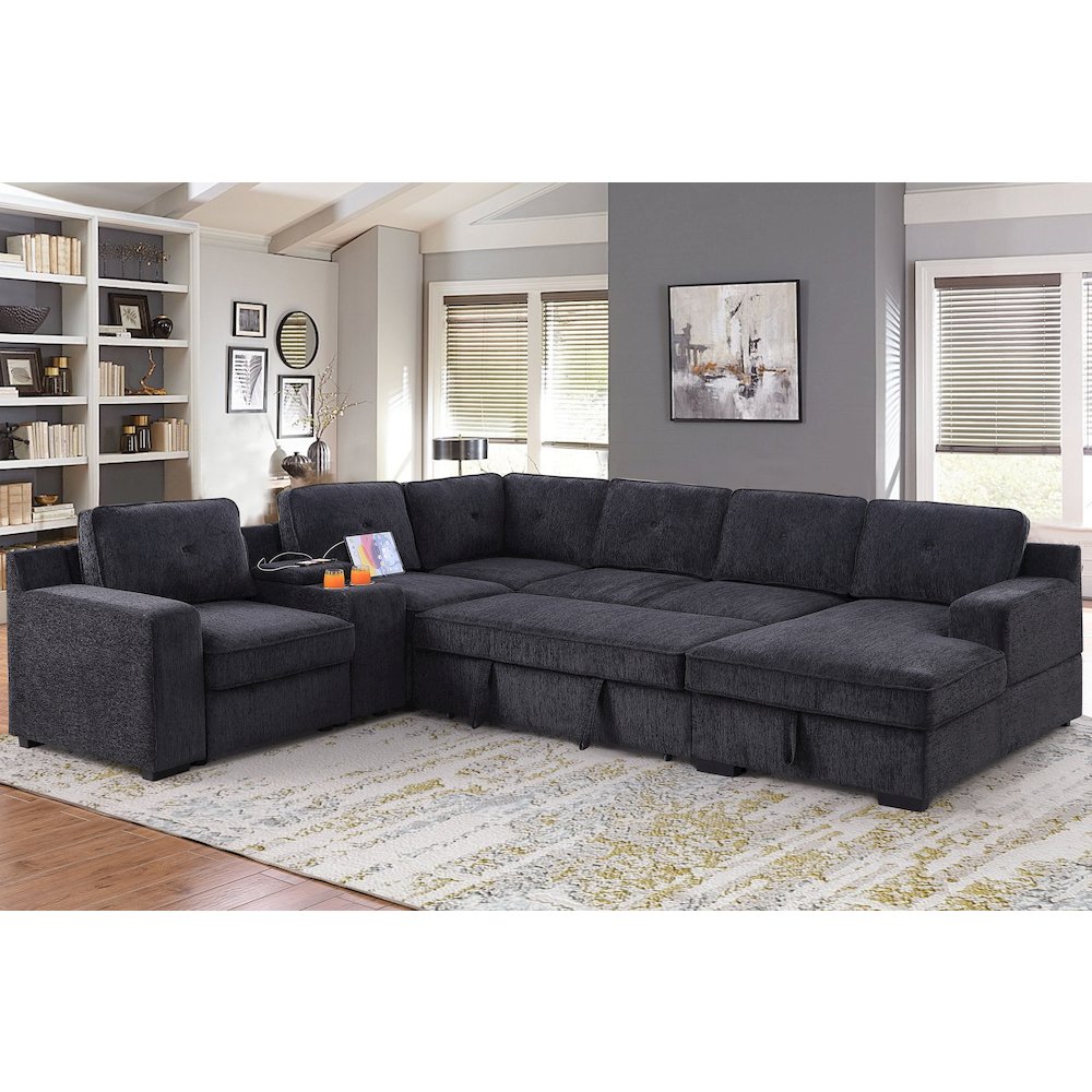 U-Shaped Upholstered Sectional with Sleeper Sofa, Console with USB & Chaise. Picture 3