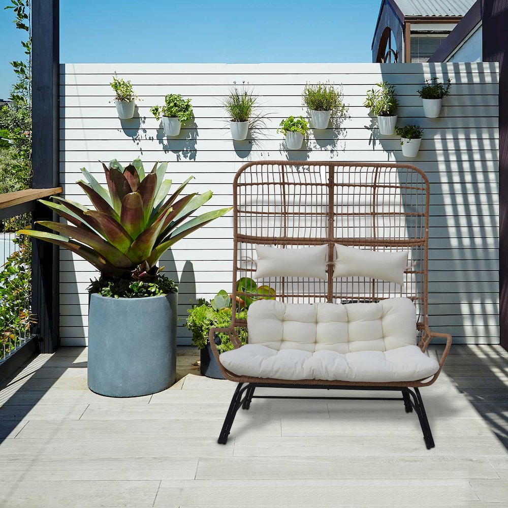 Outdoor Wicker Loveseat with Cushions & Ottoman - Patio Conversation Set for 2. Picture 4