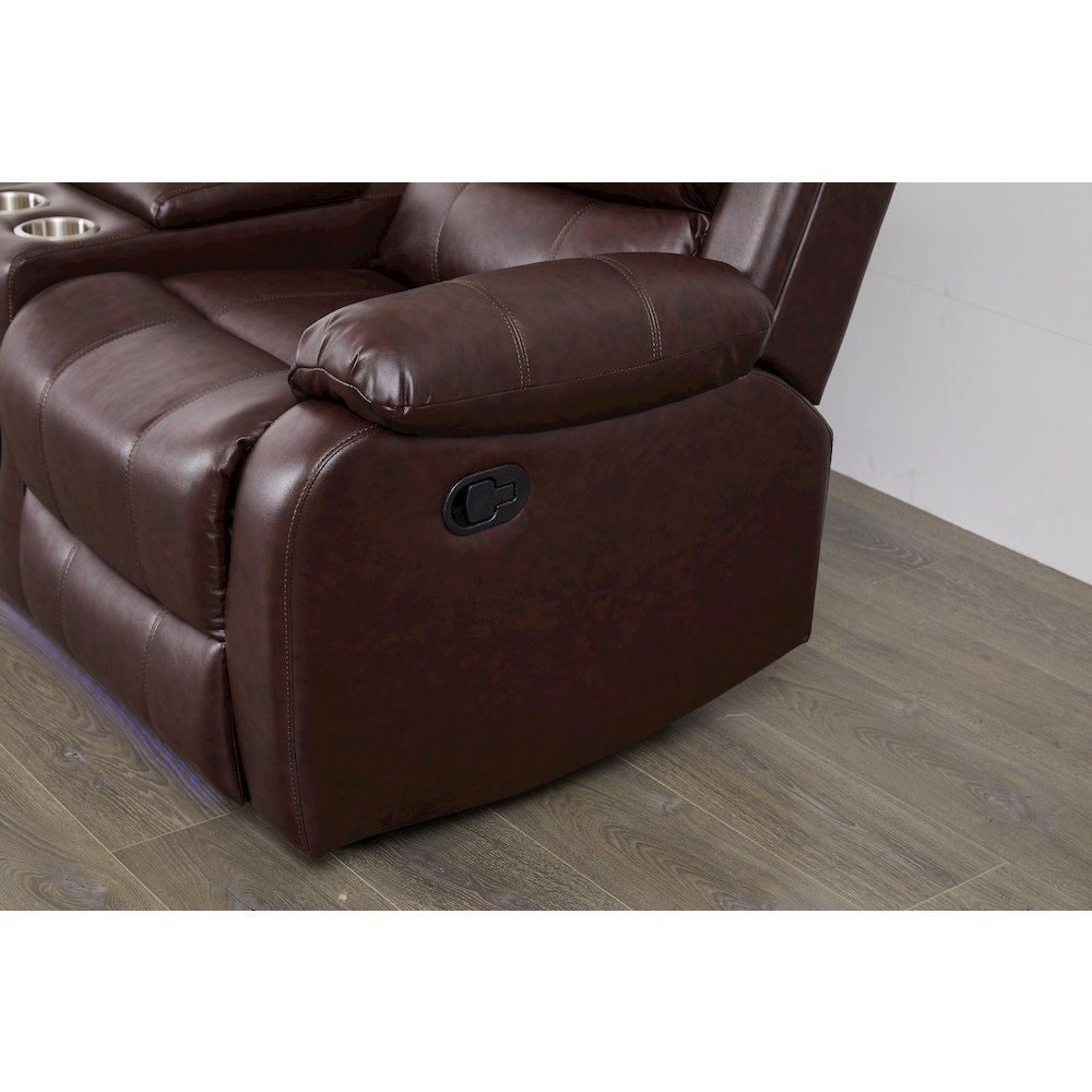 Faux Leather Manual Reclining Loveseat with LED Lights and console. Picture 3