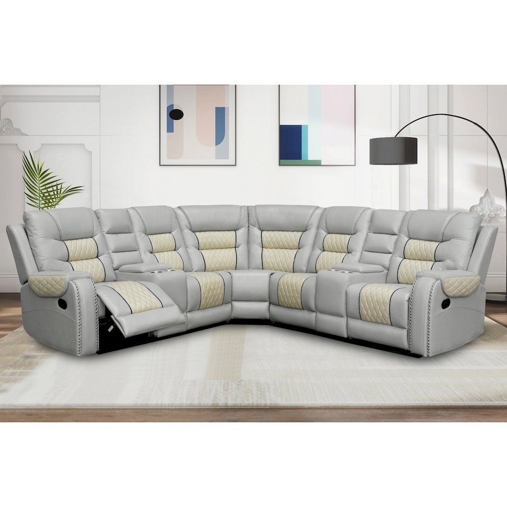 Ilia Two Tone Faux Leather Power Reclining Sectional with Console  & Cup Holder. Picture 1