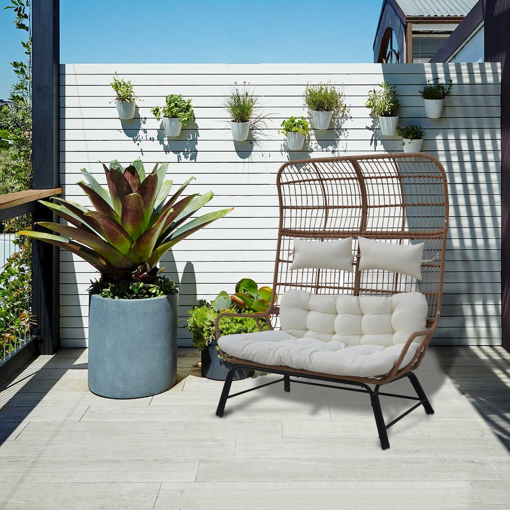 Outdoor Wicker Loveseat with Cushions & Ottoman - Patio Conversation Set for 2. Picture 3