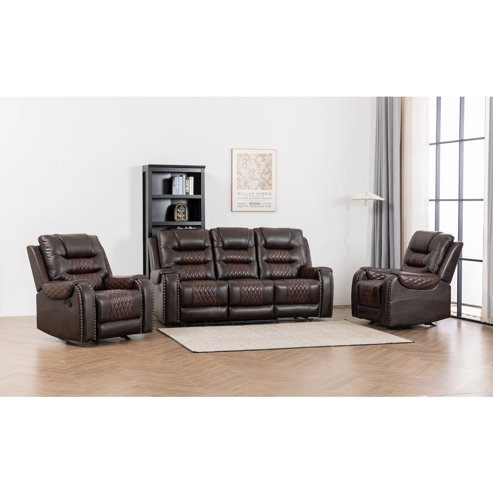 Ilyiano Two Tone Faux Leather Three-PC Livingroom Reclining Set In Brown. Picture 1