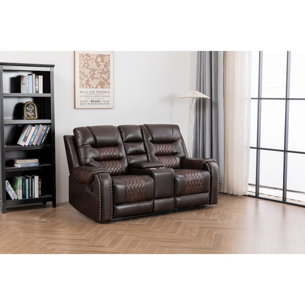 Ilyiano Two Tone Faux Leather Livingroom Reclining Loveseat In Brown. Picture 1