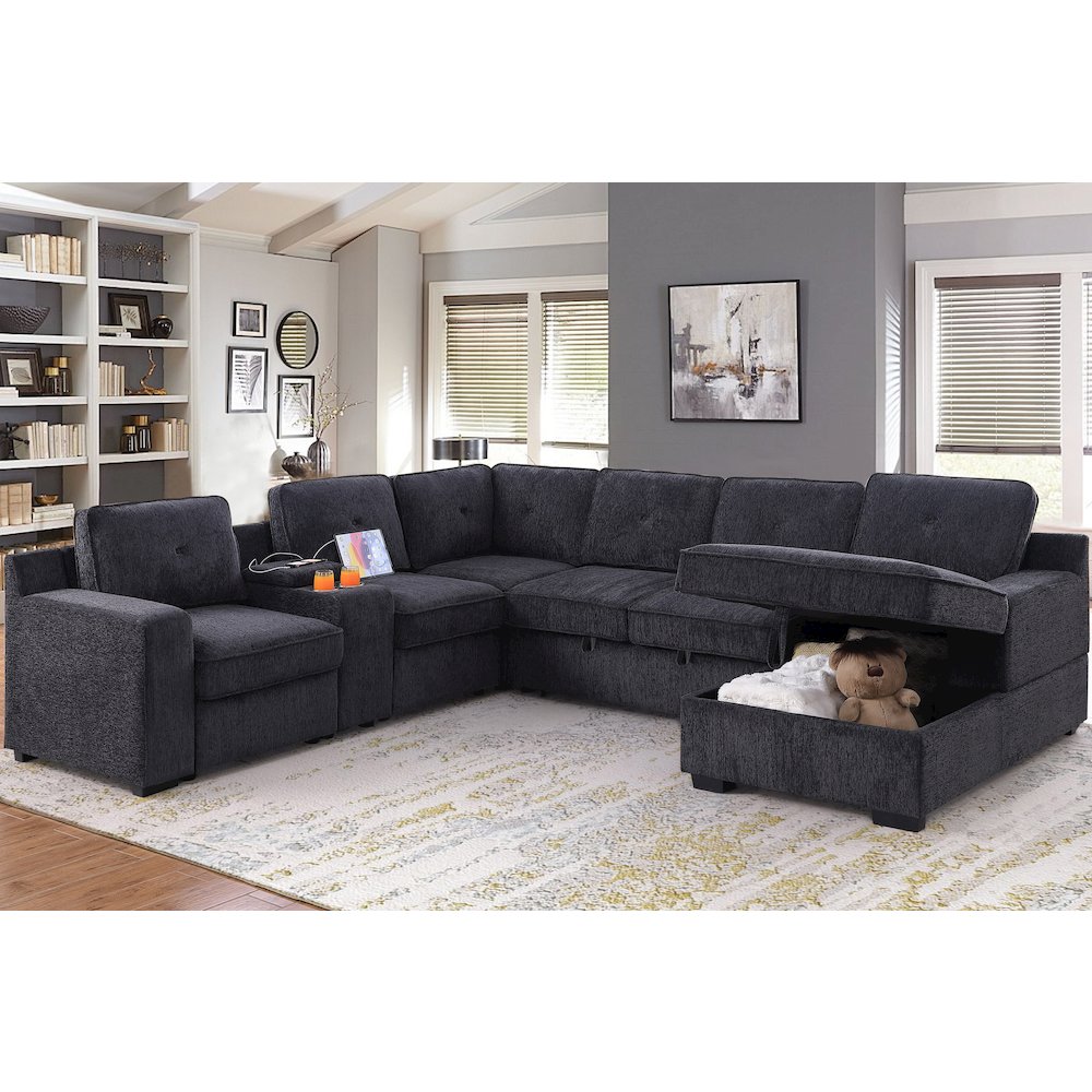U-Shaped Upholstered Sectional with Sleeper Sofa, Console with USB & Chaise. Picture 4