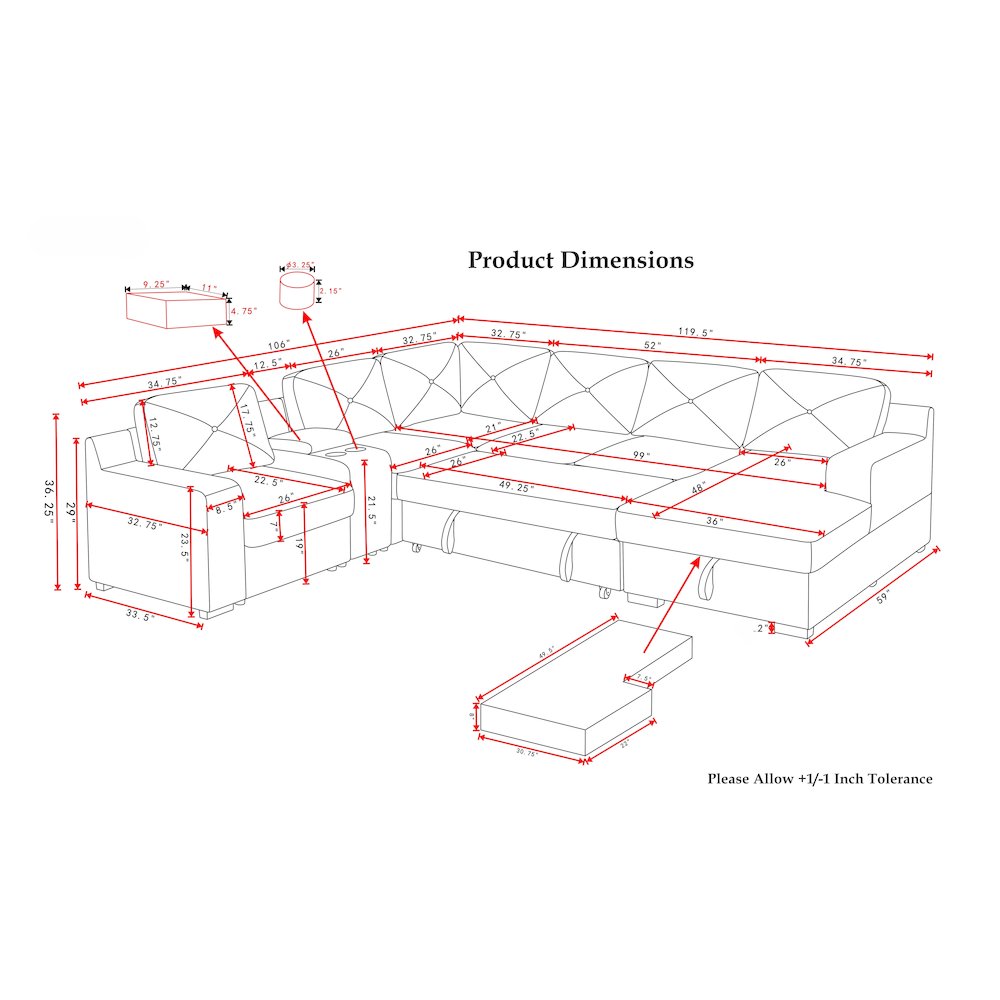 U-Shaped Upholstered Sectional with Sleeper Sofa, Console with USB & Chaise. Picture 5