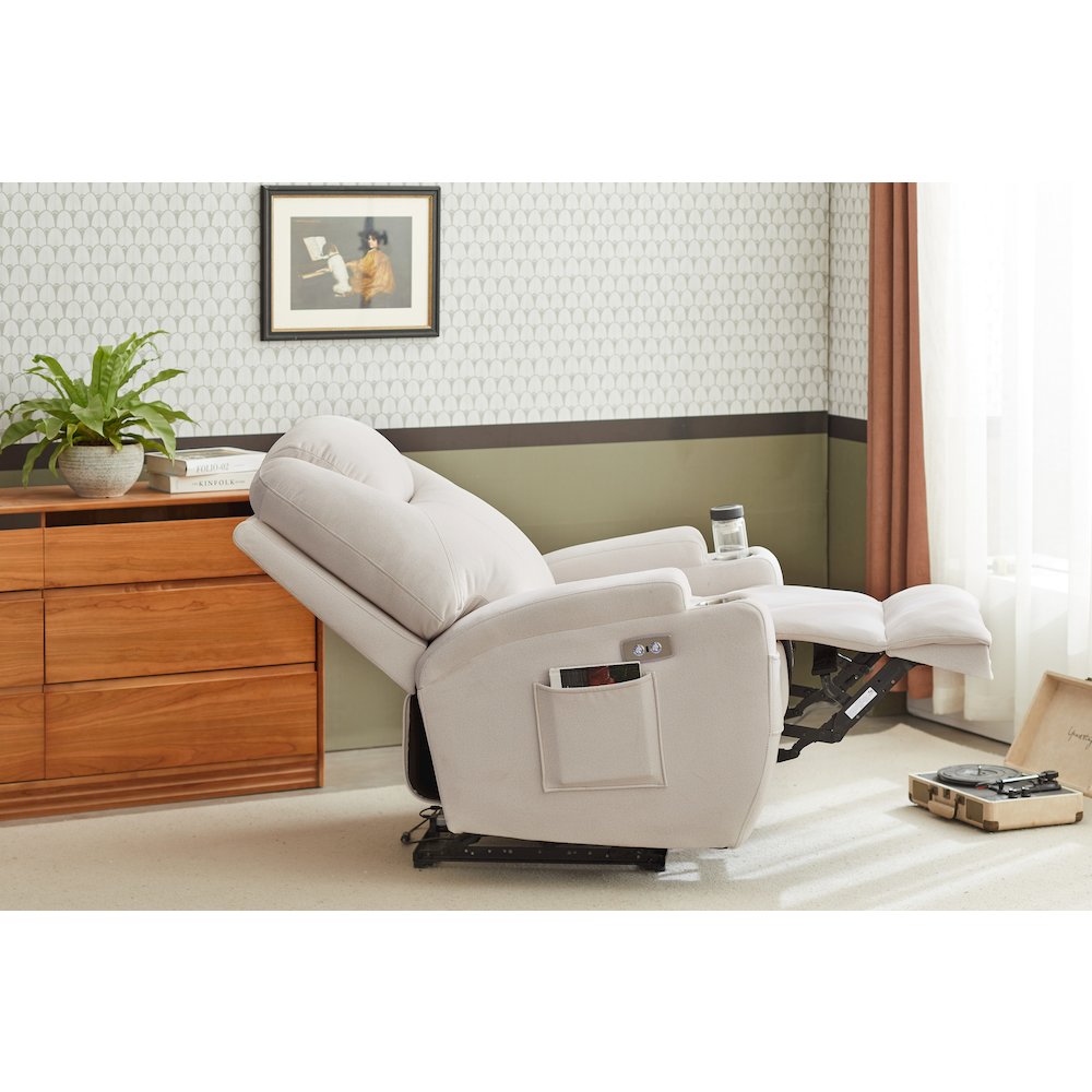 Kingway Arbore Fabric Power Recliner with USB and Cup Holders in Beige. Picture 4