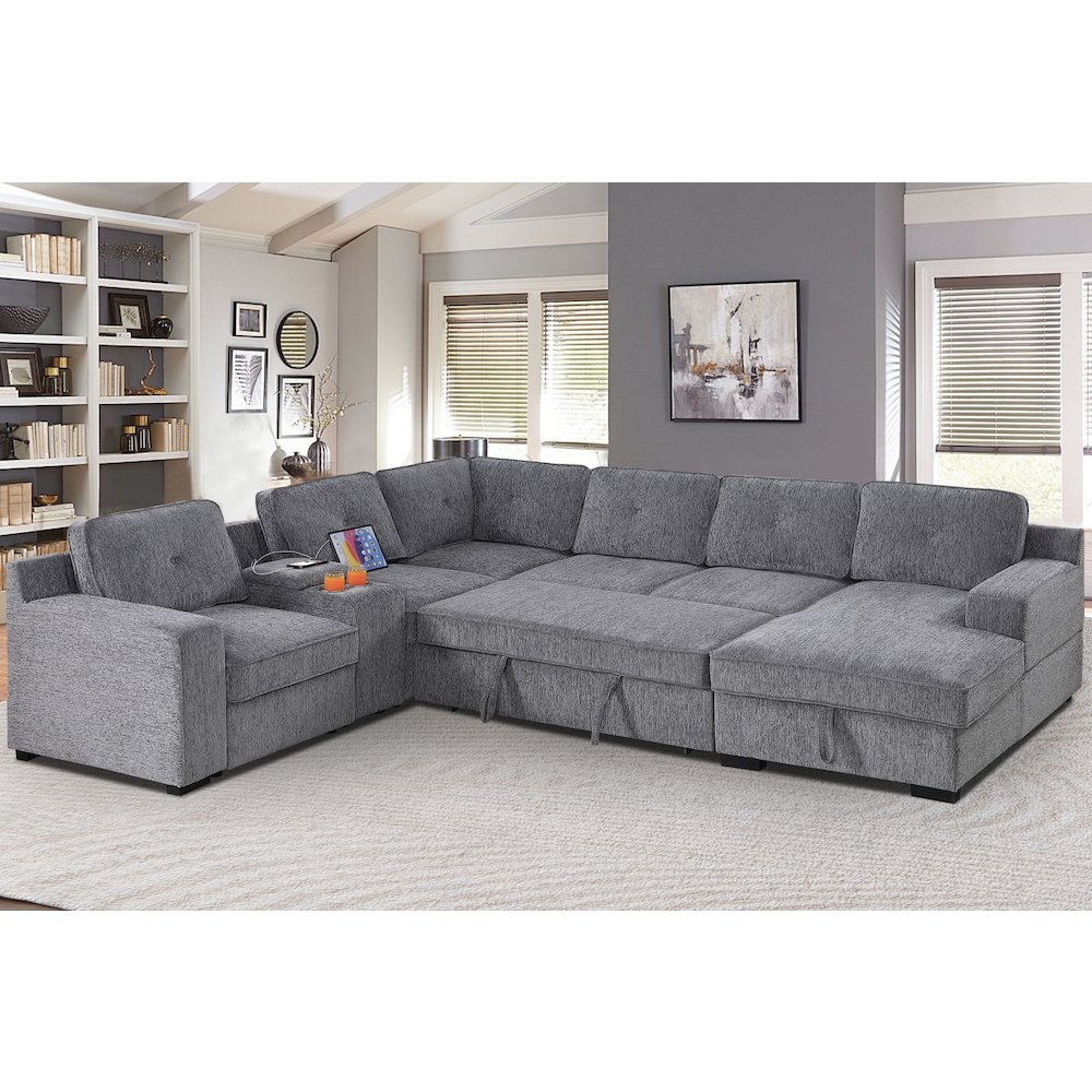 U-Shaped Upholstered Sectional with Sleeper Sofa, Console with USB & Chaise. Picture 3