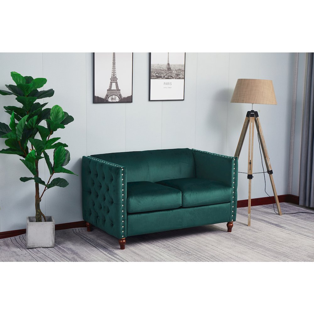 Kingway Furniture Avin Velvet Nail Head Livingroom Loveseat in Green. Picture 1
