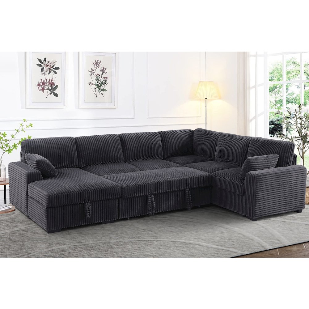 Oversized Upholstered Corduroy Sleeper Sectional Sofa With Storage Chaise. Picture 4
