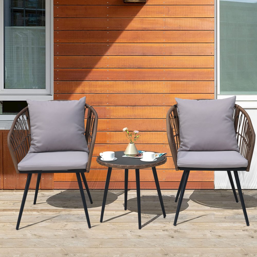 3-Piece Outdoor Patio Bistro Set – Boho Wicker Chairs with Glass-Top Table. Picture 3