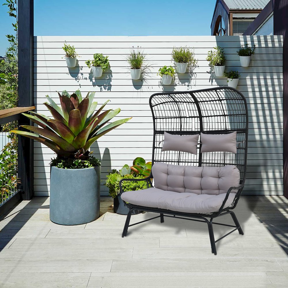 Outdoor Wicker Loveseat with Cushions & Ottoman - Patio Conversation Set for 2. Picture 3