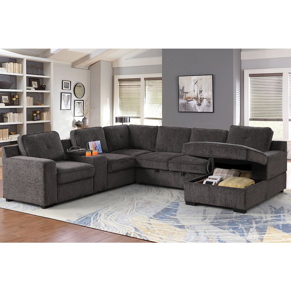 U-Shaped Upholstered Sectional with Sleeper Sofa, Console with USB & Chaise. Picture 4