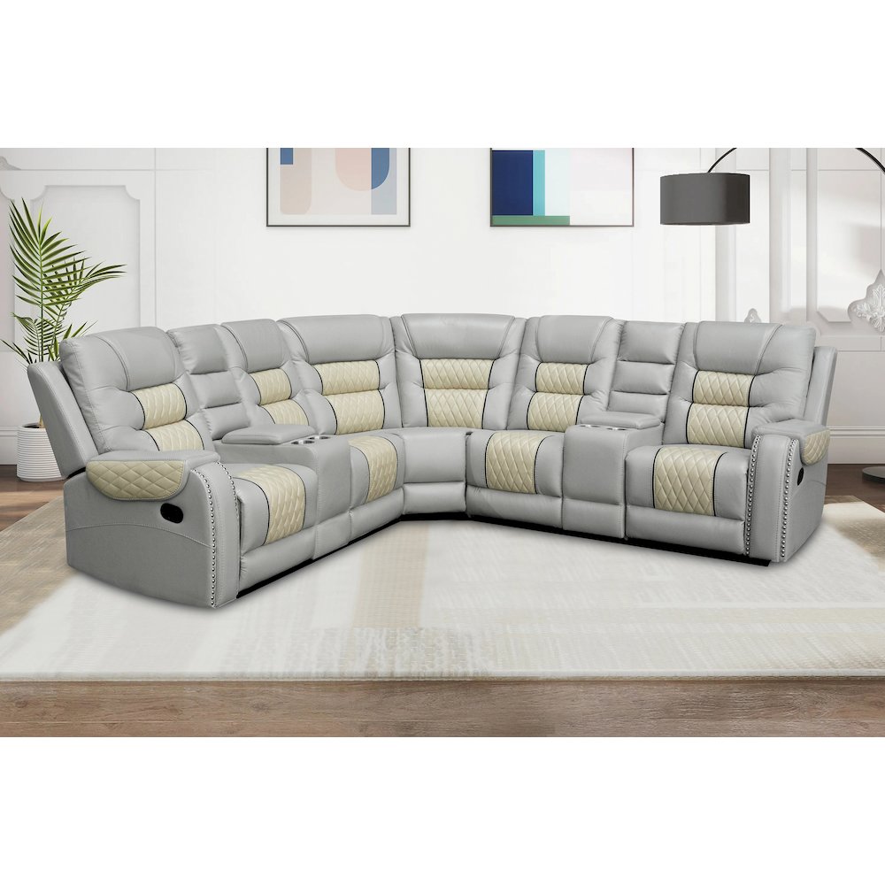 Ilia Two Tone Faux Leather Power Reclining Sectional with Console  & Cup Holder. Picture 3