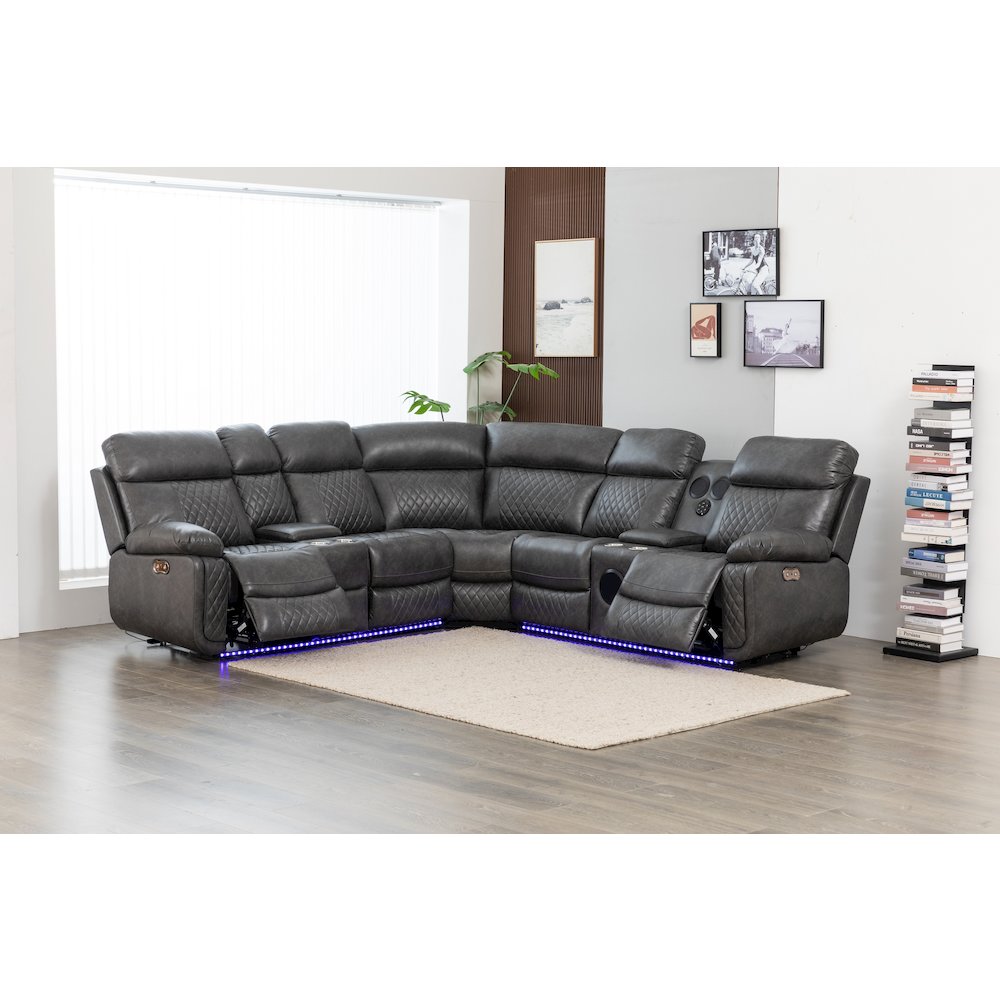 Hathrone Faux Leather Power Reclining Sectional LED USB and SubWoofer In Gray. Picture 2