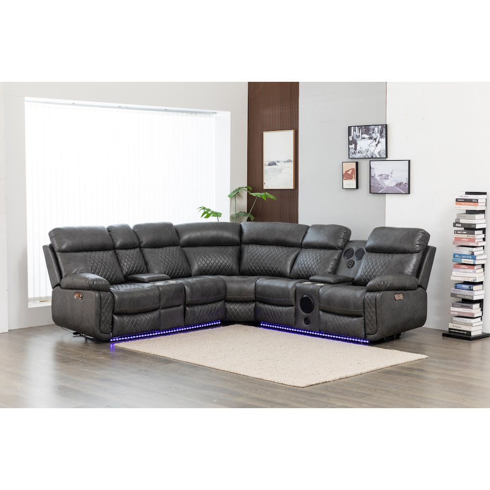Hathrone Faux Leather Power Reclining Sectional LED USB and SubWoofer In Gray. Picture 1