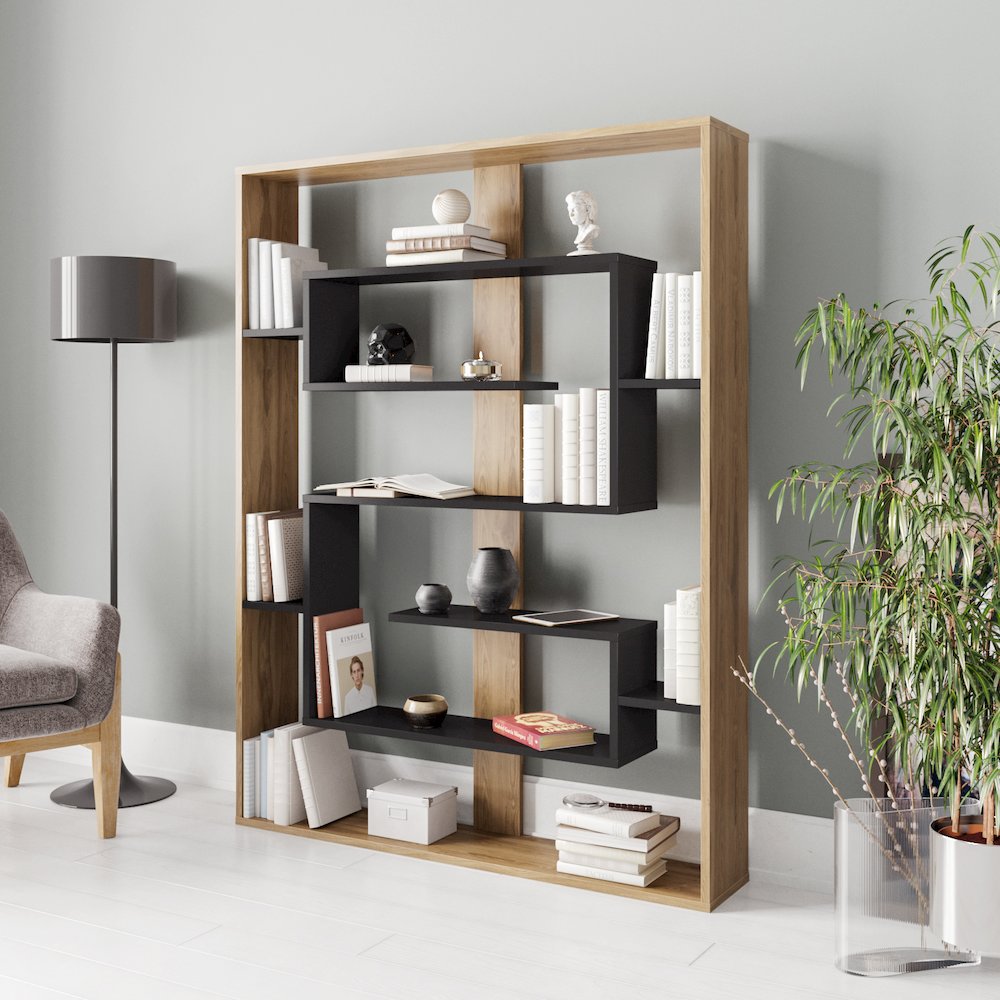 Esteban 61'' Tall Bookcase - Oud Oak & Black. Picture 3