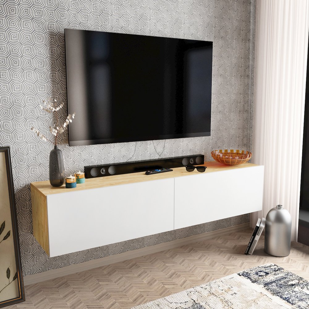 Poling Floating Tv Stand - Sapphire Oak & White. Picture 3