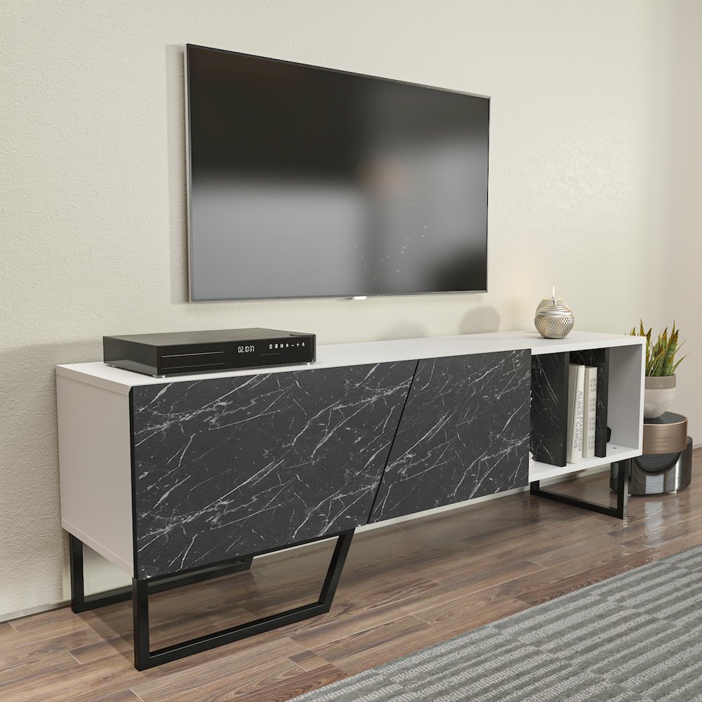 Linossa Tv Stand White Bendire Marble Black. Picture 4