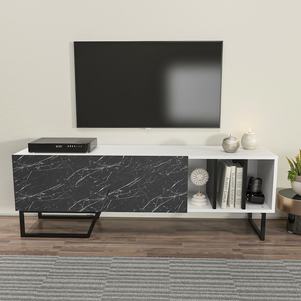 Linossa Tv Stand White Bendire Marble Black. Picture 5
