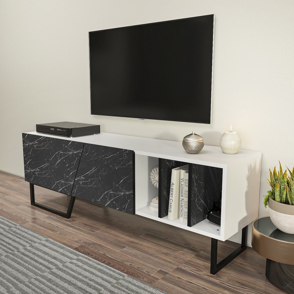 Linossa Tv Stand White Bendire Marble Black. Picture 6