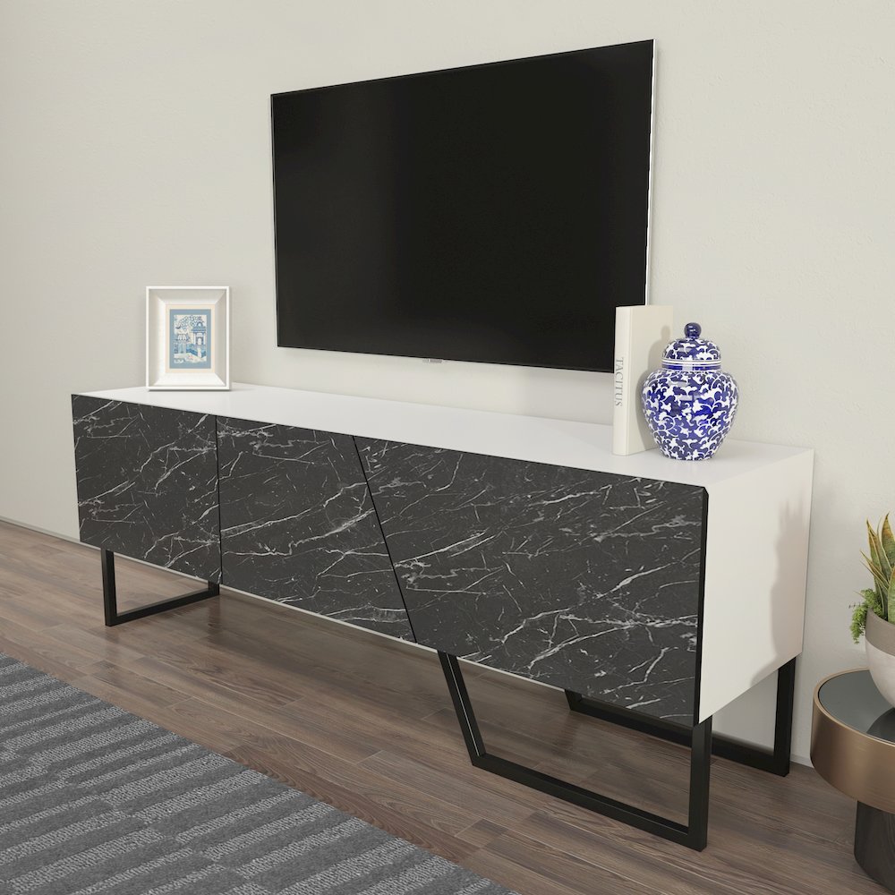 Parla Tv Stand White Bendire Marble Black. Picture 5