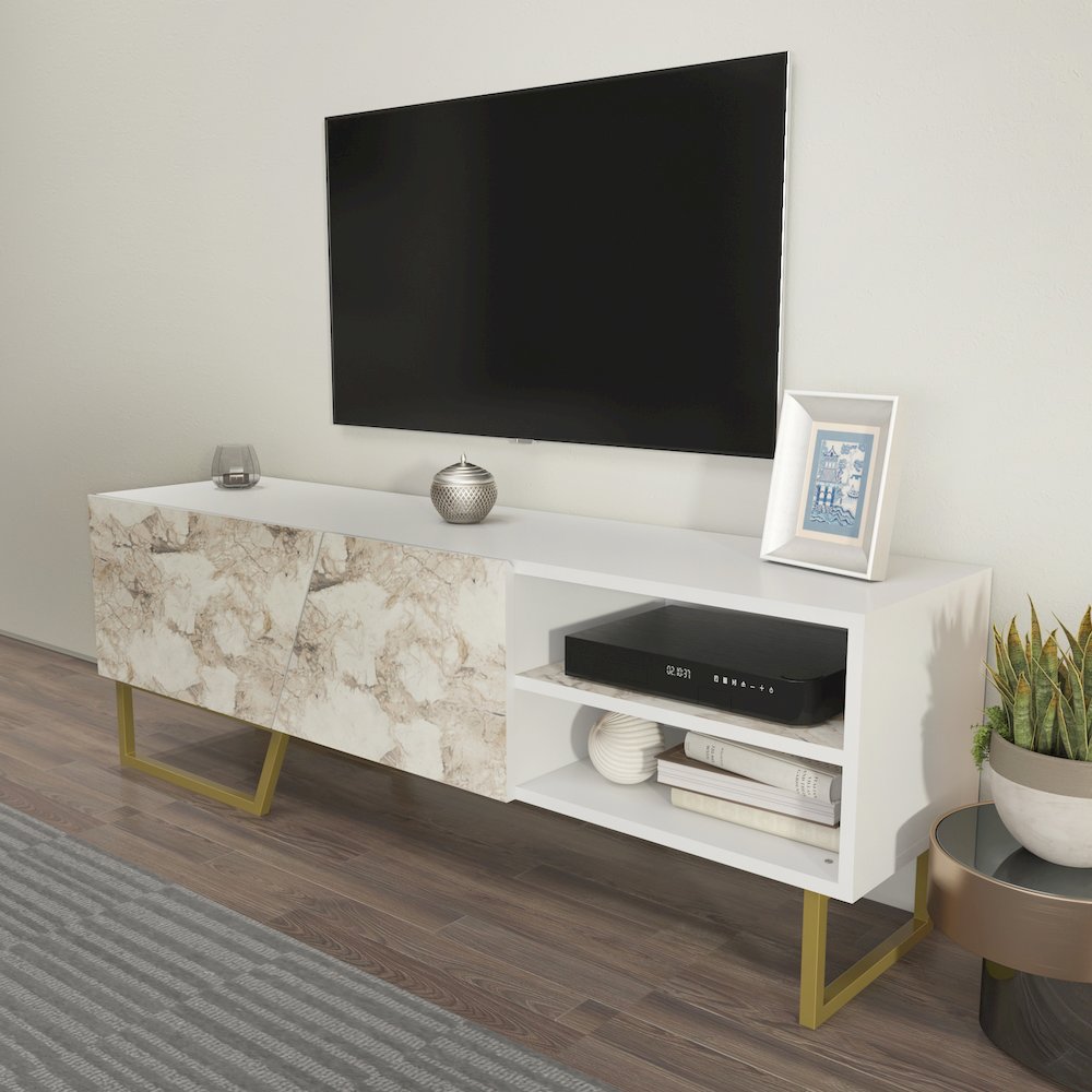 Denasse Tv Stand White Ephesus Marble Gold. Picture 3