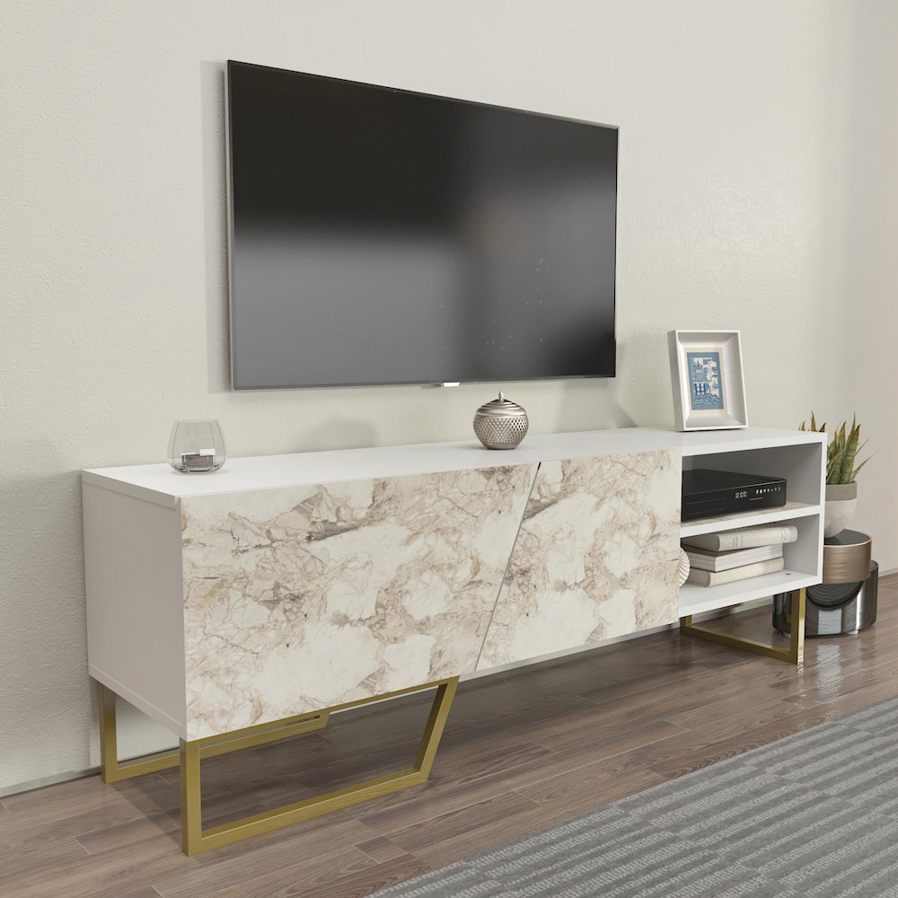 Denasse Tv Stand White Ephesus Marble Gold. Picture 5